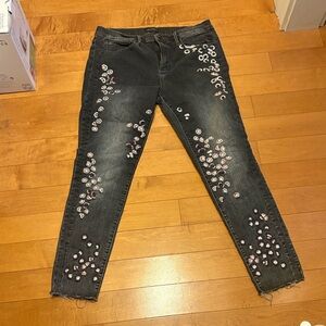 DRIFTWOOD Black Skinny Jeans with Pink Floral Embroidery